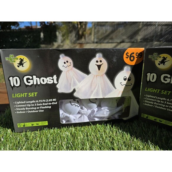 Lot Of 2 Sets All Hallow's Eve 10 White Ghost String Light Set Plug In NIB Rare - Picture 3 of 9
